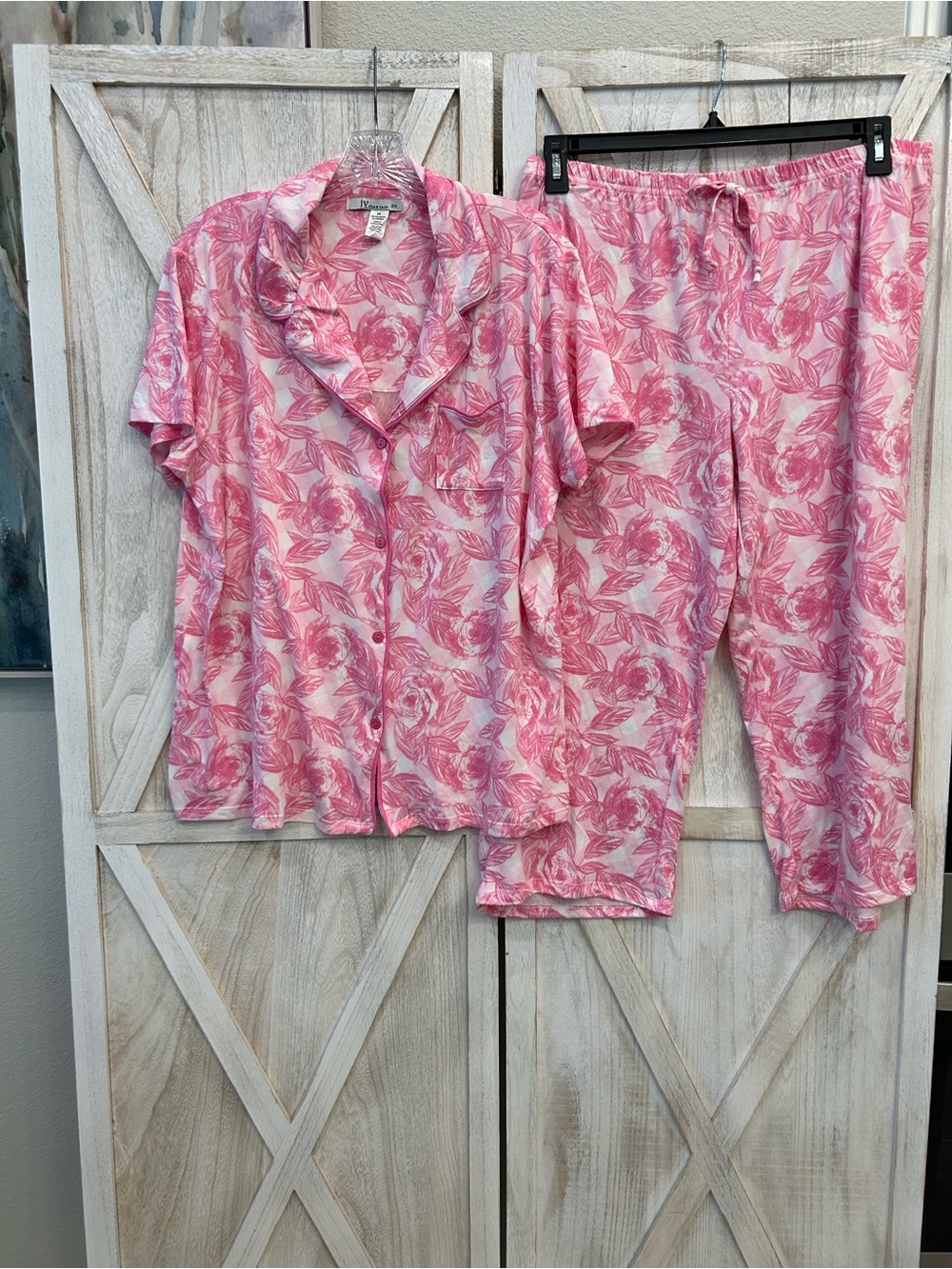 Joan Vass Pink Floral Short Sleeve Pajama Set